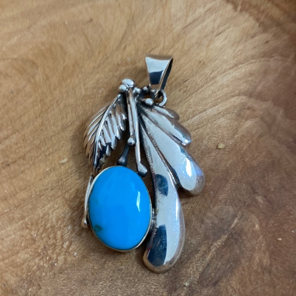 Artisan Jewelry - Sterling Silver Turquoise Leaf Pendant